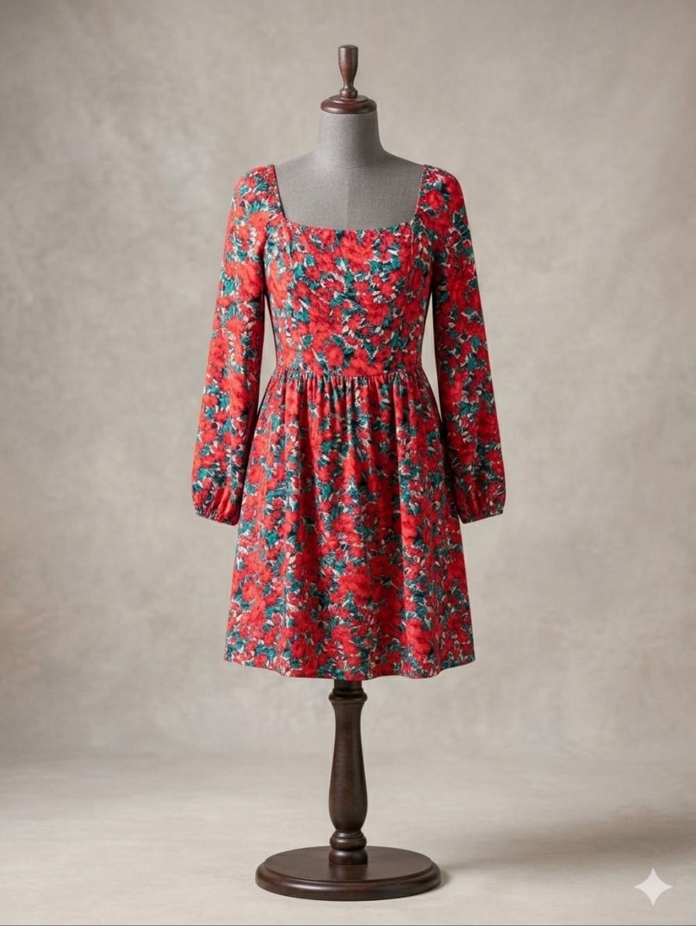 Floral Square Neck Long Sleeve Mini Dress Red Green Boho Smocked Ruffle A-Line